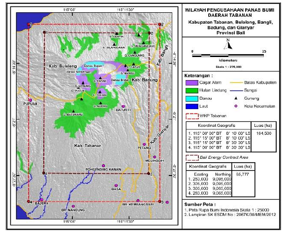 PGE map showing the outer WKP Tabanan boundary and inner Bali Energy Contract Area, with lakes and conservation areas