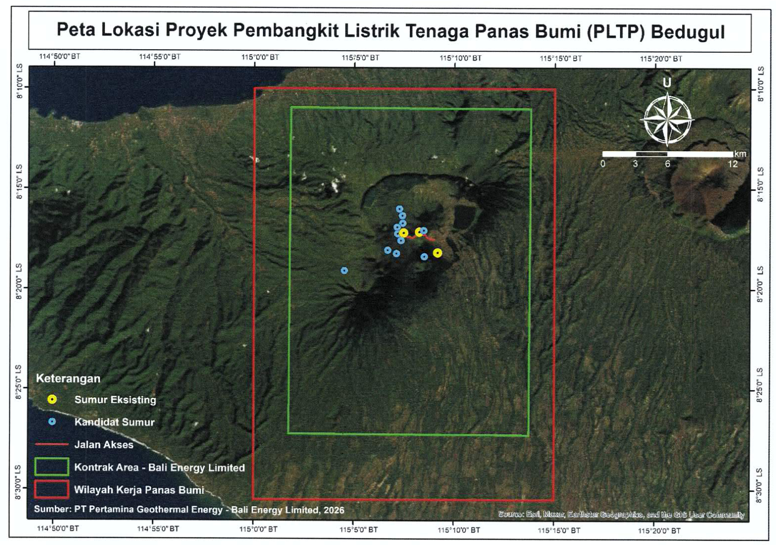 2026 Bedugul satellite map showing the geothermal working area in red, Bali Energy contract area in green, existing wells in yellow and candidate wells in blue